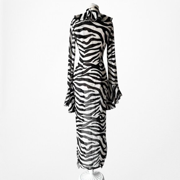 Black White Zebra Print Long Bell Sleeves Ruffle Maxi Cardigan Dress Size S - Picture 9 of 9